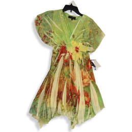 Womens Green Floral Short Sleeve V-Neck Regular Fit Mini Dress Size Small