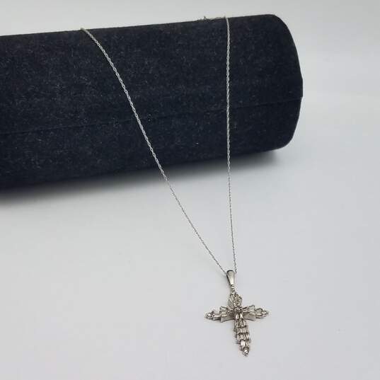 SUN 14k White Gold Baguette Diamond Cross Pendant Necklace 2.7g image number 3