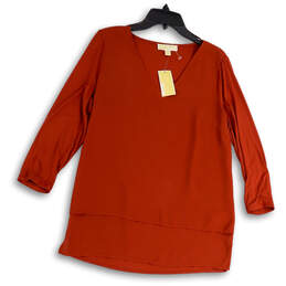 NWT Womens Orange Long Sleeve V-Neck Regular Fit Pullover Tunic Top Size M