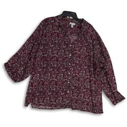 Croft & Barrow Womens Maroon Floral Spread Collar Button-Up Shirt Size 3X