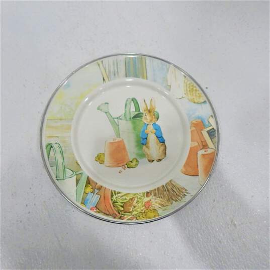 Golden Rabbit Beatrix Potter Enamelware Peter Rabbit Child Dish Set Plate Cup Bowl W/ Lid IOB image number 2