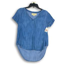 NWT Cloth & Stone Womens Blue Short Sleeve V-Neck Hi-Low Hem Blouse Top Size XS