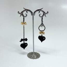 Designer Betsey Johnson Rhinestone Bow Bubble Heart Asymmetrical Drop Earrings