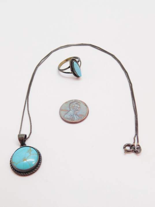 ATI & Artisan 925 Faux Turquoise Cabochon Circle Pendant Necklace & Turquoise Pointed Split Shank Ring 8g image number 2