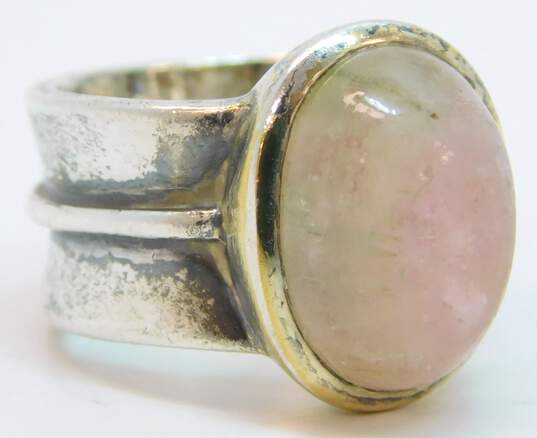 Artisan 925 & Vermeil Accent Pink Tourmaline Oval Cabochon Ridged Wide Band Ring For Repair 12.7g image number 4