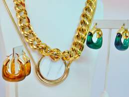 H By Halston Resin Disc Monet Gold Tone Chain Necklaces & Colorful Hoop Earrings 245.3g