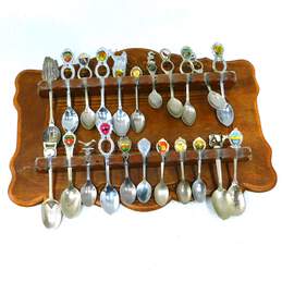 Lot of 22 Mixed Souvenir Collector Spoons w/ Wall Hanging Display Shelf