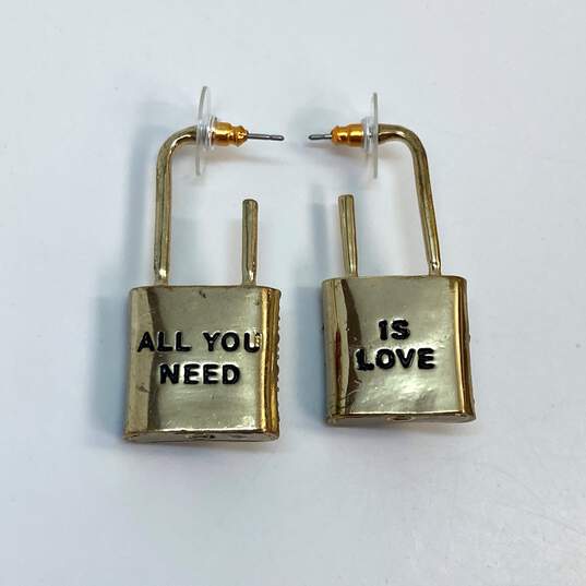 Designer Betsey Johnson Gold-Tone All You Need Is Love Lock Drop Earrings image number 3