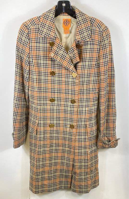 Tory Burch Womens Multicolor Plaid Long Sleeve Double Breasted Trench Coat Sz 2 image number 1