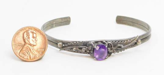 Les Baker 925 Southwestern Faceted Amethyst Flowers & Feathers Granulated Cuff Bracelet 12.1g image number 5