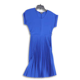 Womens Blue Pleated Round Neck Cap Sleeve Pullover Fit & Flare Dress Sz PS