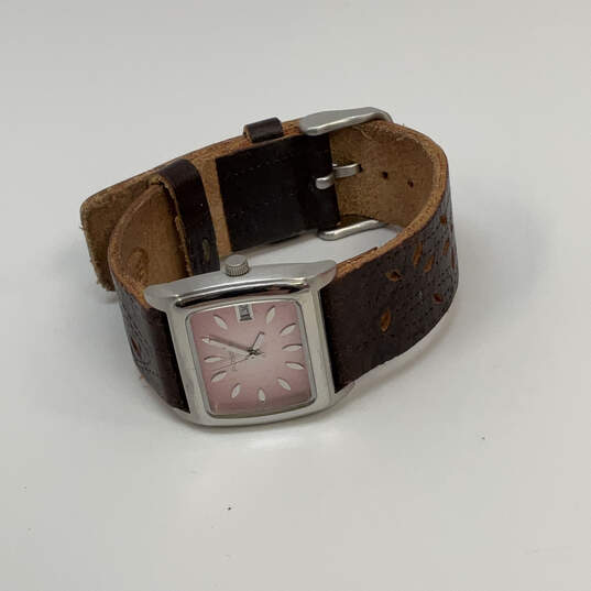 Designer Fossil Silver-Tone Rectangle Pink Dial Leather Strap Analog Watch image number 3