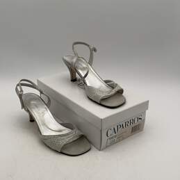 Caparros Womens Kacey Silver Platinum Silk Open Toe Slingback Heels Sz 9 w/ Box