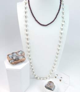 925 Silver CZ Demi Hoop Earrings Rings With Pearl & Garnet Necklaces 71.4g