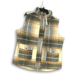 NWT Natural Reflections Womens Gray Brown Plaid Mock Neck Button Front Vest Sz L