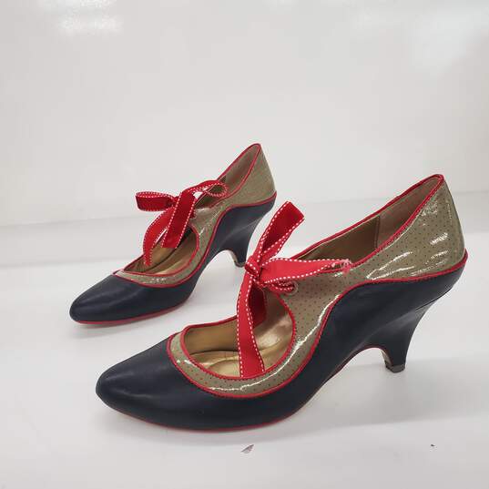 Poetic Licence London Women's Red Ribbon Black Leather Heels Size 8 image number 2