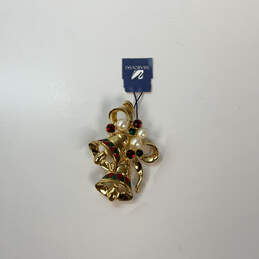 Designer Swarovski Gold-Tone Crystal Stone Pearl Christmas Bells Brooch Pin alternative image