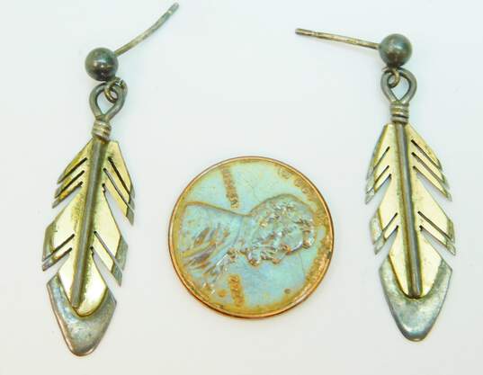 Les Hill Dine Navajo 925 Silver Two Tone Feather Drop Dangle Earrings 3.5g image number 3