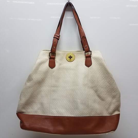 Isaac Mizrahi Large Leather Tote Bag Beige/Brown image number 1