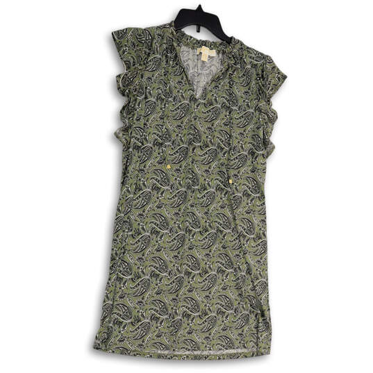 Womens Green Paisley V-Neck Cap Sleeves Stretch Pullover Shift Dress Size M image number 1