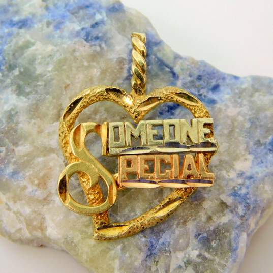 14k Tricolor Gold Etched 'Someone Special' Open Heart Pendant 1.8g image number 1