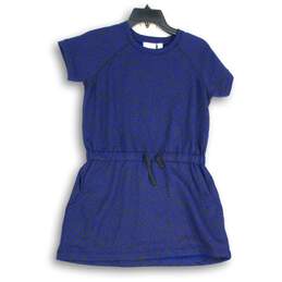 Zella Womens Blue Black Printed Crew Neck Short Sleeve Shift Dress Size M