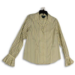 Womens Tan Striped Bell Sleeve Collared Regular Fit Button-Up Shirt Size L