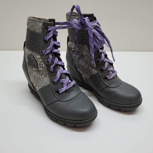 SOREL Lexie Wedge Boots Sz 3 Gray Silver Purple Laces Waterproof Leather image number 1