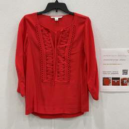Diane Von Furstenberg Womens Red 3/4 Sleeve Neck Tie Blouse Top Size 0 With COA
