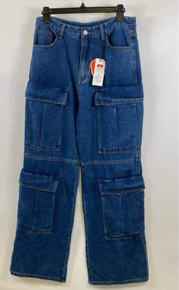 NWT Cider Womens Blue Cargo Pockets Dark Wash Denim Straight Leg Jeans Size L