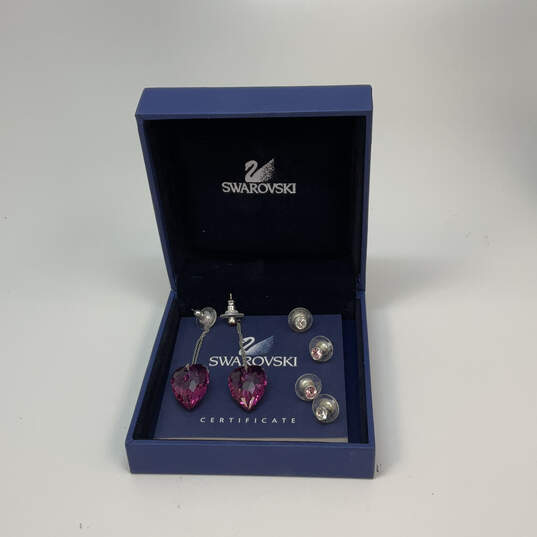 Designer Swarovski Silver-Tone Purple Heart Stone Drop Earrings With Box image number 1