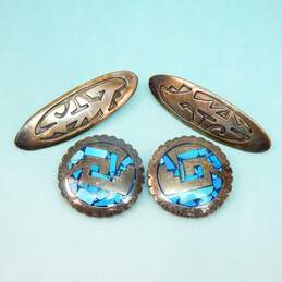 Vintage 925 Taxco Turquoise Inlay & Hopi Style Overlay Earrings 37.8g