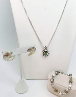 Artisan 925 Green Glass Pendant Necklace Hammered Swirl Earrings & Bead Bracelet