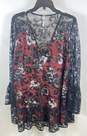 Free People Womens Black Cherry Blossom Print Sheer Lace V-Neck Blouse Top Sz S image number 1