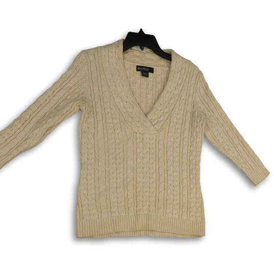 Womens Beige Cable Knit V-Neck Long Sleeve Pullover Sweater Size Small image number 1