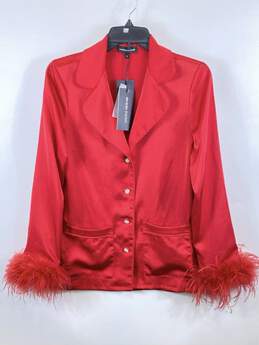 NWT Nadine Merabi Womens Red Long Sleeve Collared Satin Button-Up Top Size Small