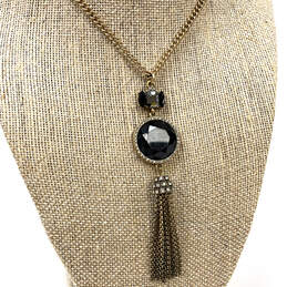 Designer J. Crew Gold-Tone Black Crystal Cut Stone Tassel Pendant Necklace