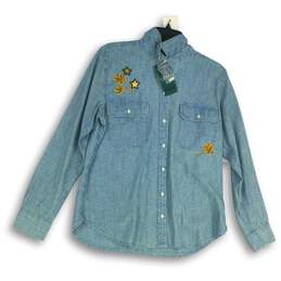 NWT Lauren Ralph Lauren Womens Gold Denim Embroidered Button-Up Shirt Size Large