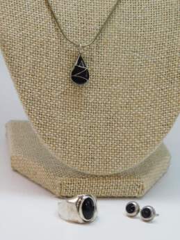 Taxco & 925 Turquoise Teardrop Pendant Necklace Faux Onyx Earrings & Ring
