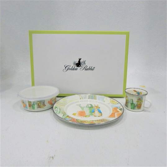 Golden Rabbit Beatrix Potter Enamelware Peter Rabbit Child Dish Set Plate Cup Bowl W/ Lid IOB image number 1