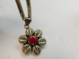 Taxco 925 Red Enamel Floral Chunky Pendant Necklace 30.5g alternative image