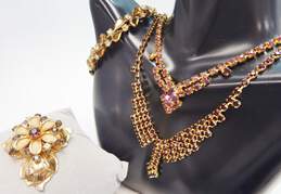 VNTG Leru & Fashion Colorful Rhinestone Necklaces Bracelet & Floral Brooch 60.0g