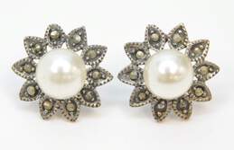 Romantic 925 Faux Pearl & Marcasite Accent Floral Earrings 3.9g alternative image