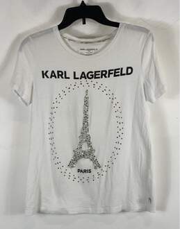 Karl Lagerfeld Womens White Bedazzled Sequin Crew Neck Pullover T-Shirt Size XS