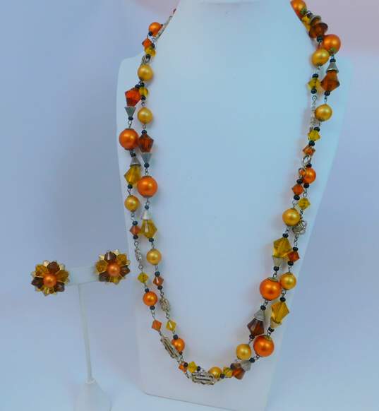 Vintage Goldtone Yellow & Orange Crystals & Faux Pearls Beaded Necklace & Matching Cluster Clip On Earrings 114.5g image number 1
