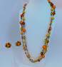 Vintage Goldtone Yellow & Orange Crystals & Faux Pearls Beaded Necklace & Matching Cluster Clip On Earrings 114.5g image number 1