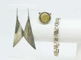 Didae Israel 925 Roman Coin Textured Ring Drop Earrings & Greek Key Bracelet
