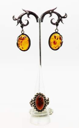 Artisan 925 Amber Cabochon Granulated Ring & Art Nouveau Leaves Drop Earrings