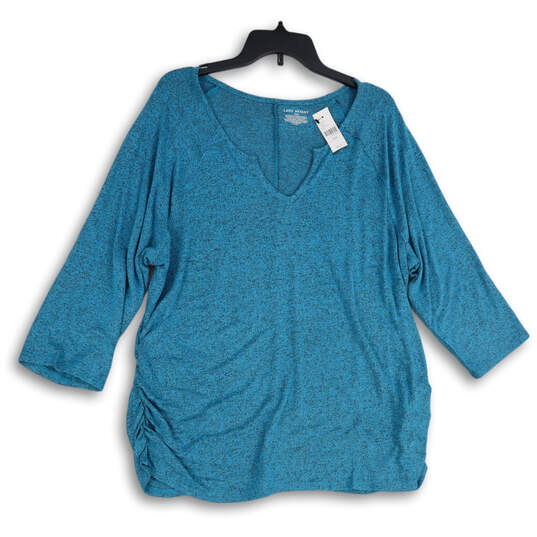 NWT Womens Blue Split Neck 3/4 Sleeve Ruched Pullover Blouse Top Size 18-20 image number 3