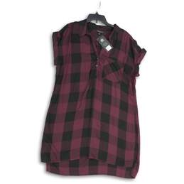 NWT Rock & Republic Womens Black Purple Plaid Short Sleeve Shirt Dress Size L